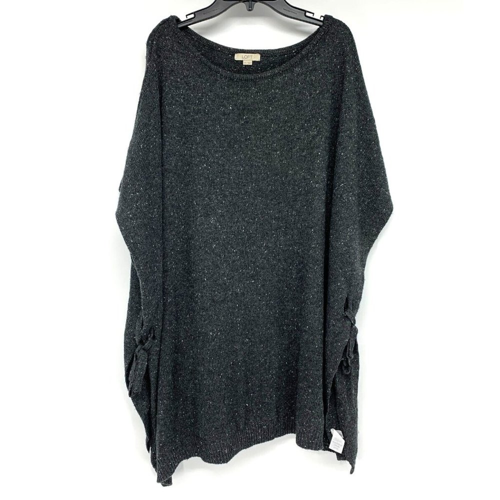 LOFT Poncho Sweater Gray Flecked Side Tie Wool Blend
